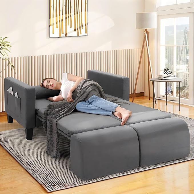 6 in 1 Multifunctional Sofa Bed 58 Convertible Pull Out Couch Loveseat Sleeper w/Removable Backrest Foldable Mat Storage Pockets &amp 2 Pillows Modern Folding Linen Sofas for Small Spaces Gray