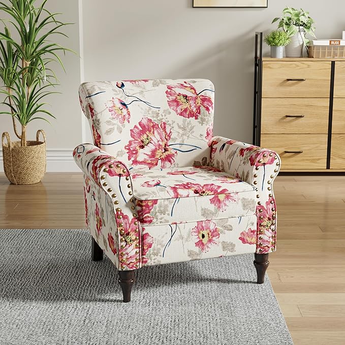 Wingback Accent Chairs Set of 2 Mid-Century Modern Upholstered Armchair Living Room Chair with Nailhead Trim &amp Rolled Armrest Floral Pattern Reading Chair Single Sofa Chair for Bedroom Plants W