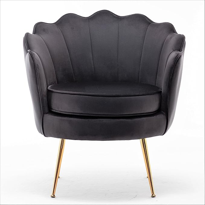 Velvet Barrel Accent Chair with Scalloped Silhouette and Gold Metal Legs Decorative Piece Suitable for Traditional Modern and Contemporary Spaces Black