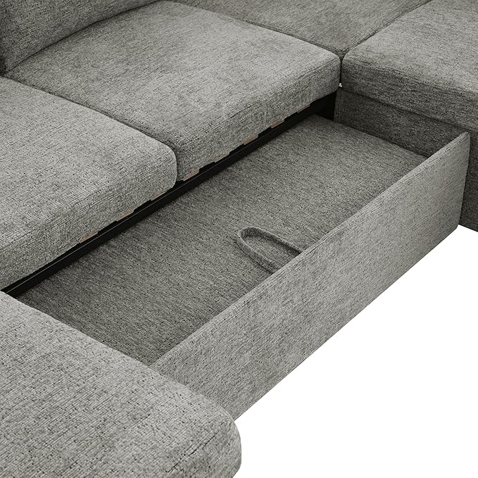 109.9 Modern Sectional Sofa Pull-Out Sofa Bed Sleeper with Storage Ottoman and 2 Cup Holders Chenille Convertible U-Shaped Couch Bed for Living Room (Light Grey-3.13)