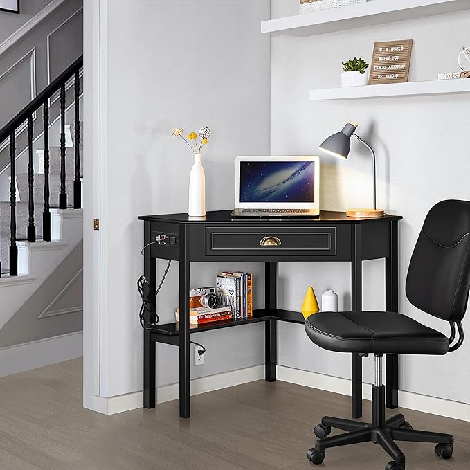 Yaheetech L Shaped Computer Desk Corner Table with Charging Station Outlets for Small Space 90 Degree Triangle Desk Home Office Table with Drawer and Storage Shelf for Workstation Living Room Black
