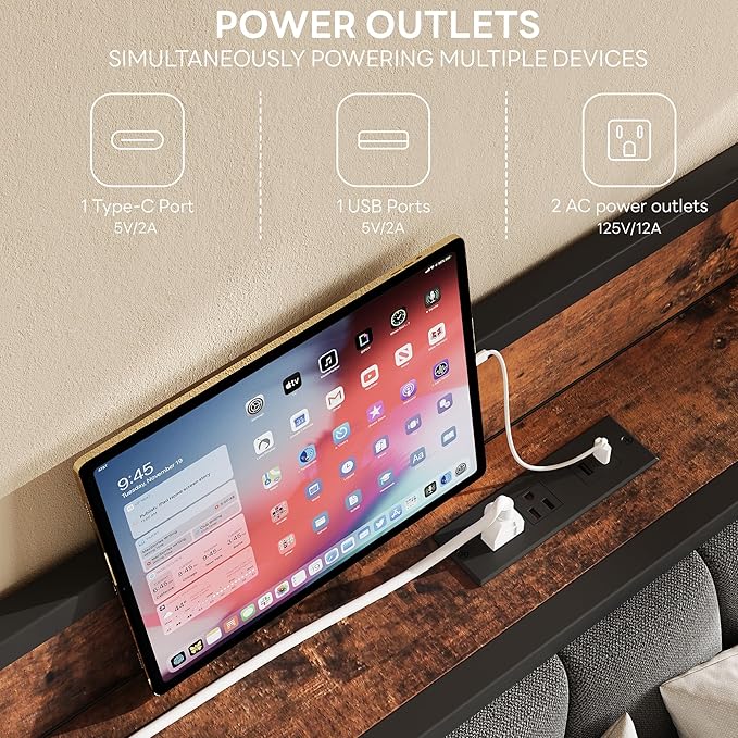 LIKIMIO King Size Bed Frame Storage Headboard with Charging Station Solid and Stable Noise Free No Box Spring Needed Easy Assembly