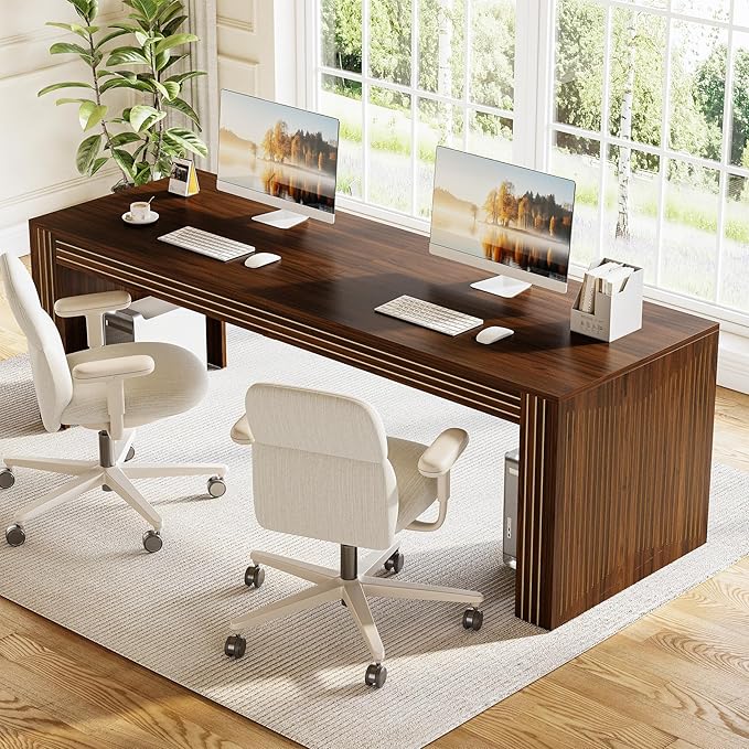 LITTLE TREE 78.7-Inch Two Person Desk Double Monitor Office Desk for 2 Person Large Executive Wood Desks Conference Table Home Office Dark Brown
