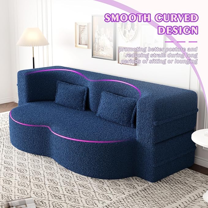 78 Teddy Folding Floor Sofa Couch BedConvertible Folding Sofa Bed Full Size Love Seat Sleeper Bed with 2 Pillows for Living Room Apartment Office (Blue)