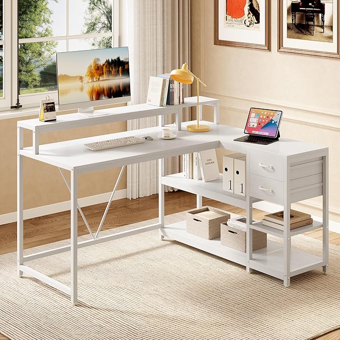 LITTLE TREE 55-Inch L-Shaped Computer Desk Reversible Computer Desk with Drawers and Storage Shelves Corner Desk Gaming Desk Work Desk for Home Office White