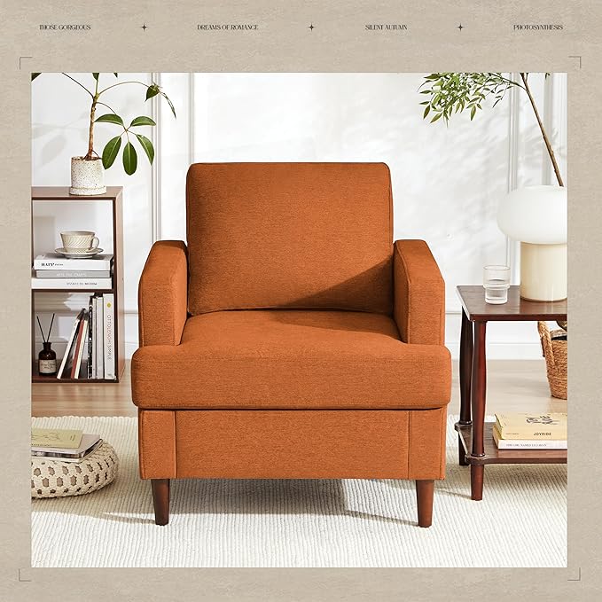 Mid-Century Accent ChairModern Linen Fabric Armchair for Living RoomComfy Upholstered Reading Accent Chairs for BedroomSingle Sofa Chair with Wood Legs (Orange 2 Pack)