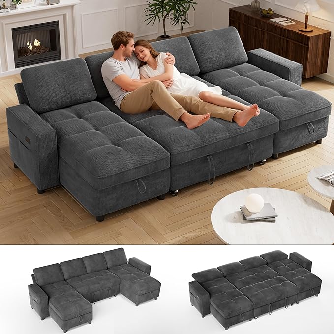 Vipbear 105 Chenille Sectional Sleeper Sofa Bed with Pull Out Bed U Shaped Couch Sleeper Sofa Bed Pull Out Couch with Reclining Backrest Double Storage Chaise USB Ports Tool-Free Assembly Grey
