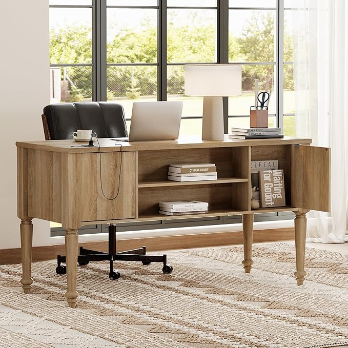 WAMAPT Farmhouse Executive Desk with 5 Drawers Home Office Desk with Charging Station Wood Computer Desk with File Cabinet Storage Door Open Shelf for Work and Study Oak 55 inch