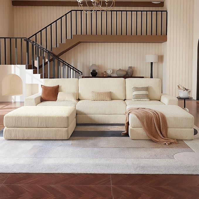 Modular Sectional Sofa 120.47 Modern Cloud Couch Sectional Sofa with U-Shaped Chaise Comfy Corduroy Fluffy Couch with Deep Seat Boneless couches for Living Room Bedroom White