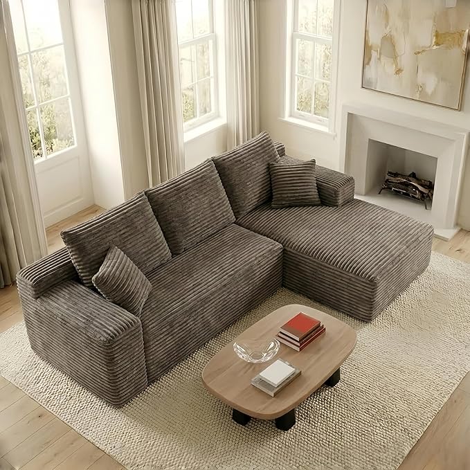 107 L-Shaped 6-Sea Modular Sectional Sofa Cloud Boneless Deep Seat Corduroy Couch with Right Facing Chaise Lounge Flexible Modular Design No Assembly for Living Room Brown