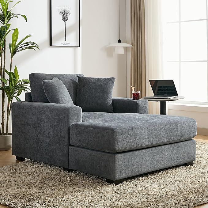 Merax Modern 43.5 Chaise Lounge with Pillow Charge Station &amp Cup HoldersUpholstered Sofa Recliner Chair for Living Room Bedroom Blue Gray