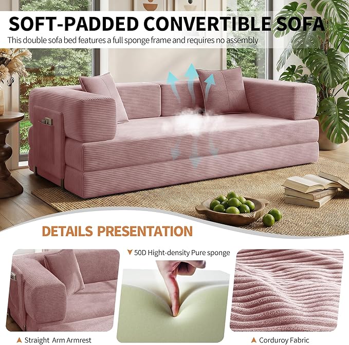 78.8 Convertible Sofa Bed with Armrest Pillow 4-in-1 Sleeper Couch Bed for Livingroom Modular Corduroy Boneless couches No Assembly (Pink)