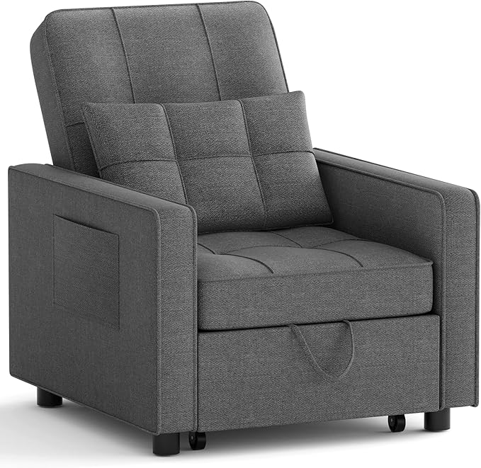 JUMMICO Sleeper Chair 3-in-1 Convertible Sleeper Sofa Bed for Adults Linen Fabric Pull Out Chair Bed with Adjustable Backrest Couches for Living Room Apartment Office Small Space (Dark Gray)