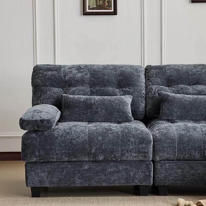 93 3+1 Seater Sofa with Ottoman - 4-Position Adjustable Backrest 350lb/Seat Soft Chenille Fabric 3 Throw Pillows Easy Assembly (Blue)