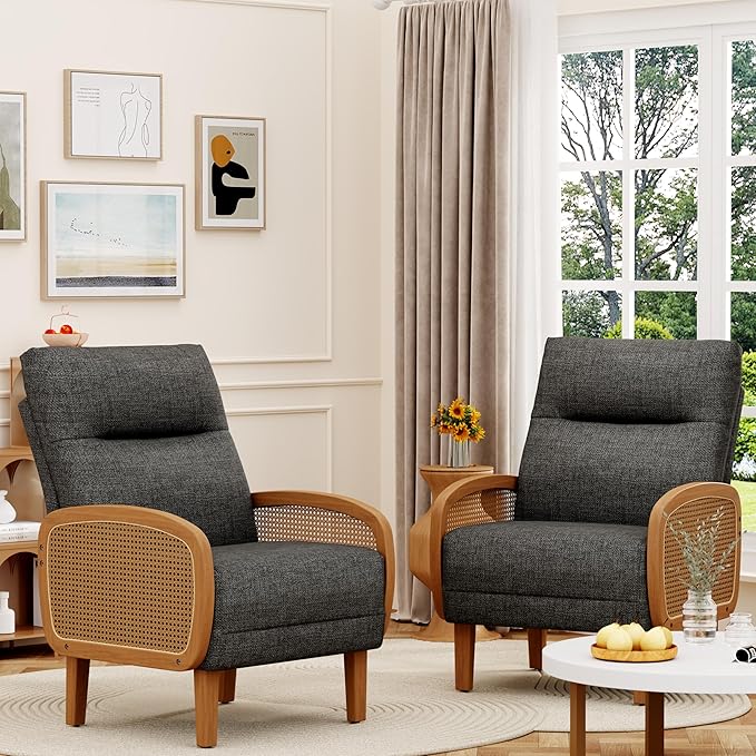 Yongchuang Upholstered Linen Accent Chairs Set of 2 Wood Rattan Armchair Mid Century Modern Bedroom Living Room Chairs Grey
