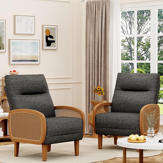 Yongchuang Upholstered Linen Accent Chairs Set of 2 Wood Rattan Armchair Mid Century Modern Bedroom Living Room Chairs Grey