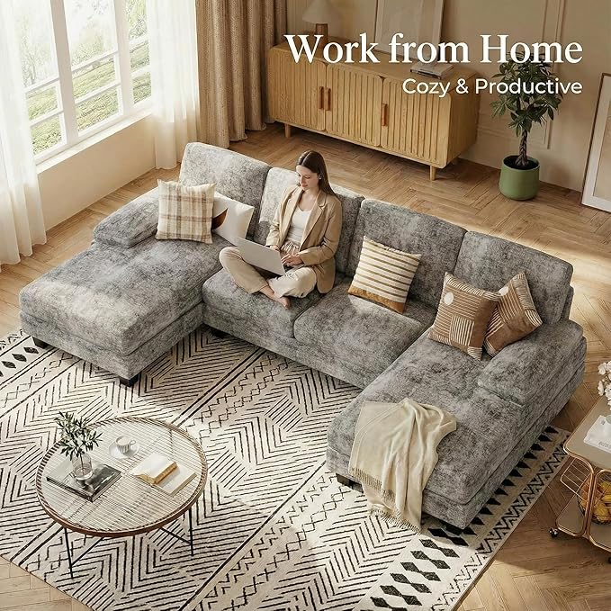 Homall Modular Sectional U Shaped Sofa Couches for Living Room Comfy Chenille 4 Seat Sofa Set with Removable Pillows Lounge Chaise Upholstered Couch for Apartment (Chenille Grey)