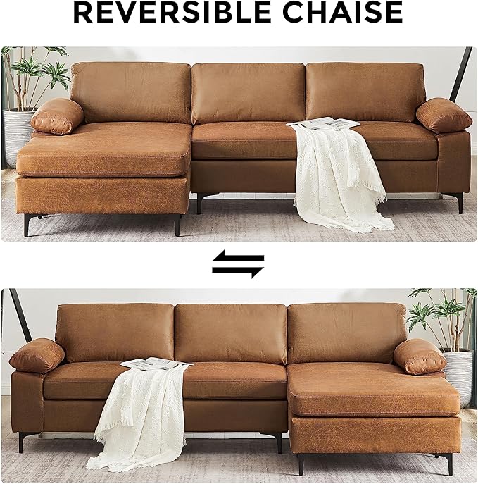 VANOMi 100 Faux Leather Couch with Convertible Chaise 3 Seater Sectional Sofas with Metal Legs L-Shaped Sofas &amp Couches for Living Room Apartment Bedroom Brown