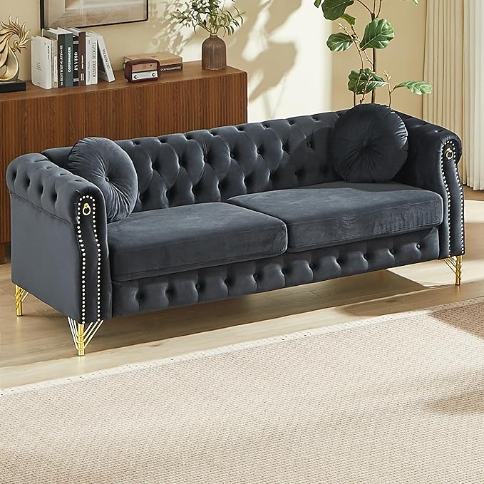 ERYE 82-Inch Button Tufted Sofa Couch with 2 Round Pillows 3 Seat Velvet Tufted Sofa Spacious Chesterfield Loveseat Couches W/Nailhead DecorRing Accent &amp Golden Legs