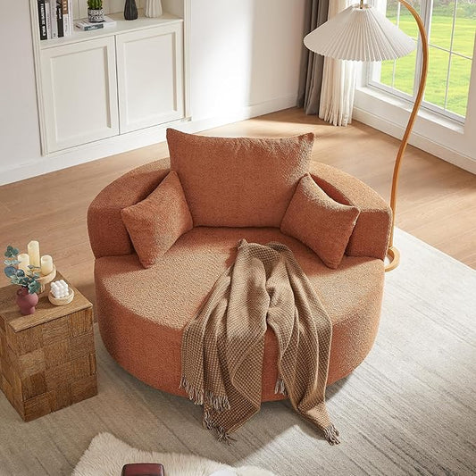 Oversized 55 W Upholstered 360° Swivel Accent Barrel Chair and a Half Modern Comfy Cuddler Sofa Lounge with Pillows for Living Room Bedroom Hotel (Chenille Terracotta)