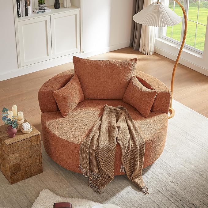 Merax 56 W Accent Chair 360°Swivel Chair with Seat Depth and 3 Removable Pillows Round Barrel Chenille Upholstered Lounge Armchair Sofa Couch for Living Room Bedroom Office or Hotel Orange