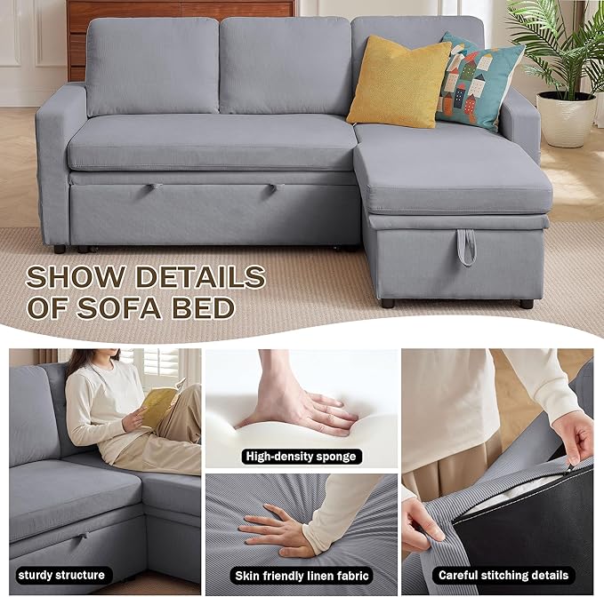 Convertible Sofa Bed L-Shape Sectional Sleeper Sofa with Storage Chaise Modern Polyester 3 in 1 Pull Out Couch Bed for Living Room Light Grey