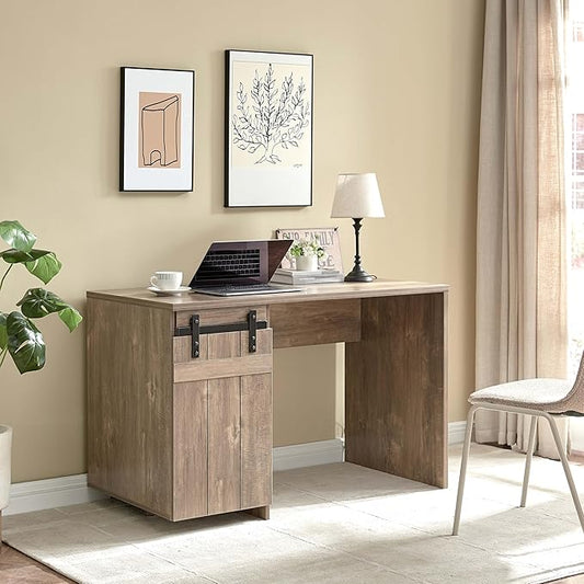 Home Office Desk Hazelnut One Cabinet Three Shelves Faux Barn Door on Metal Euro Hinges Modesty Panel