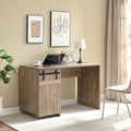 Home Office Desk Hazelnut One Cabinet Three Shelves Faux Barn Door on Metal Euro Hinges Modesty Panel