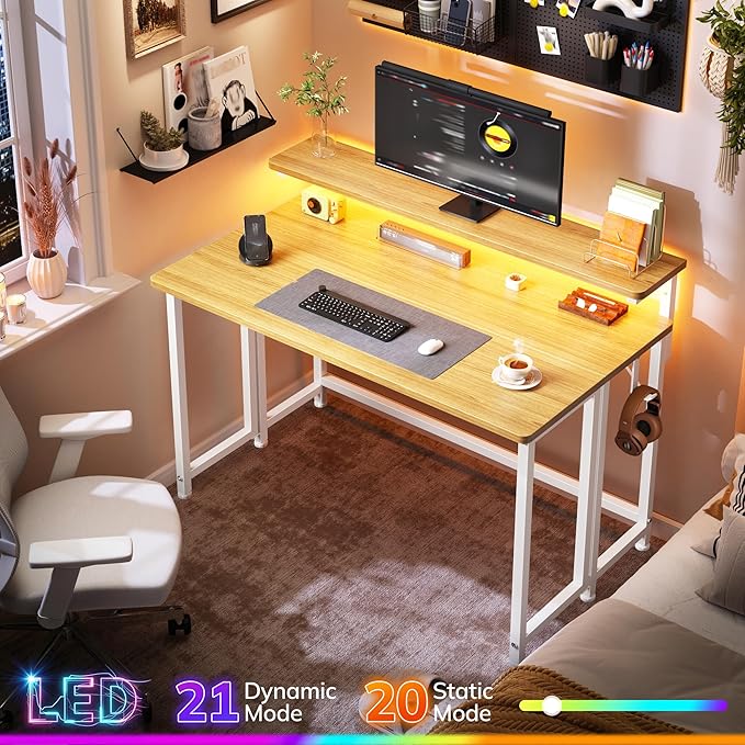 Folding Desk for Small SpaceFoldable Computer Desk with Monitor Stand31.5 Inch Small Desk with LED Lights for Bedroom Home OfficeWriting Work Office Computer Desk with HooksOak