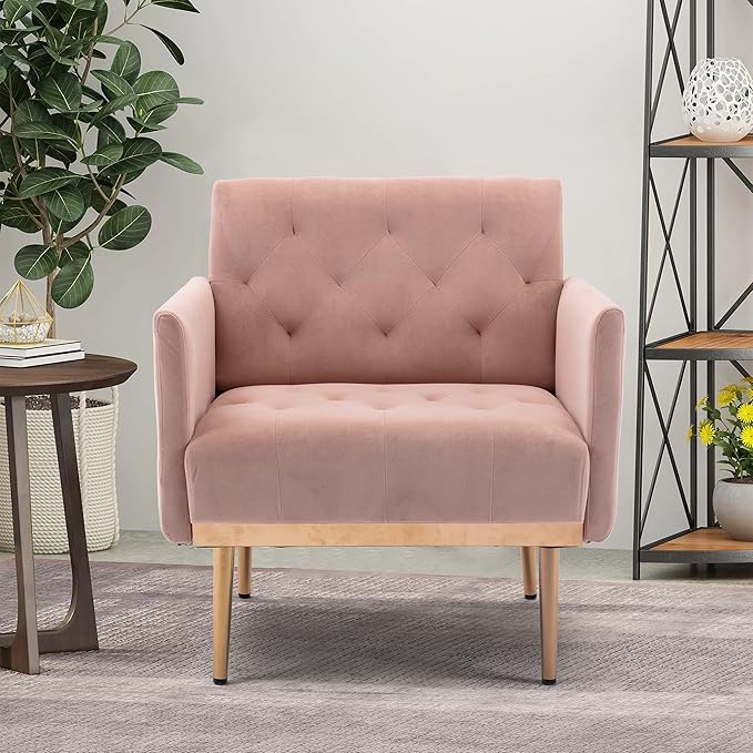 Modern Accent Chair Upholstered Single Sofa Arm Chair for Living Room and Bedroom Upholstered Comfy Armchair Chair with Solid Tapered Metal Legs (Pink)
