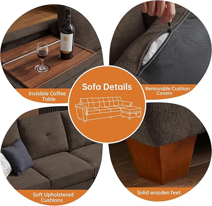 108 Sectional Sofa Convertible L Shaped Sofa with Ottoman and Large Storage 4 Seat Sectional Couch with Cup Holder Couches for Living Room Apartment Office (Brown)