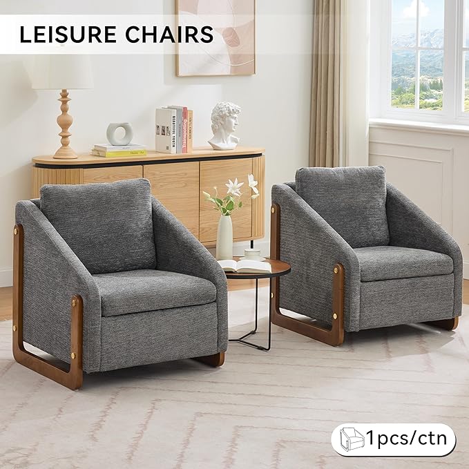 Modern Upholstered Living Room ChairsComfy Chenille Fabric Accent Armchair with Wooden Side FrameSoft Cushion Seat and Backrest Reading Sofa Chair for Bedroom Office (Gray Set of 1)