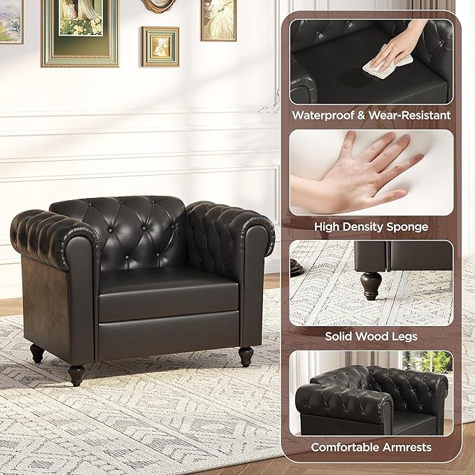 Black Faux Leather Accent Chairs Button-Tufted Upholstered Club Chair Retro Armchairs Mid Century Modern Accent Chair with Solid Wood Legs Cozy Chesterfield Couch Chairs for Living Room Bedroom