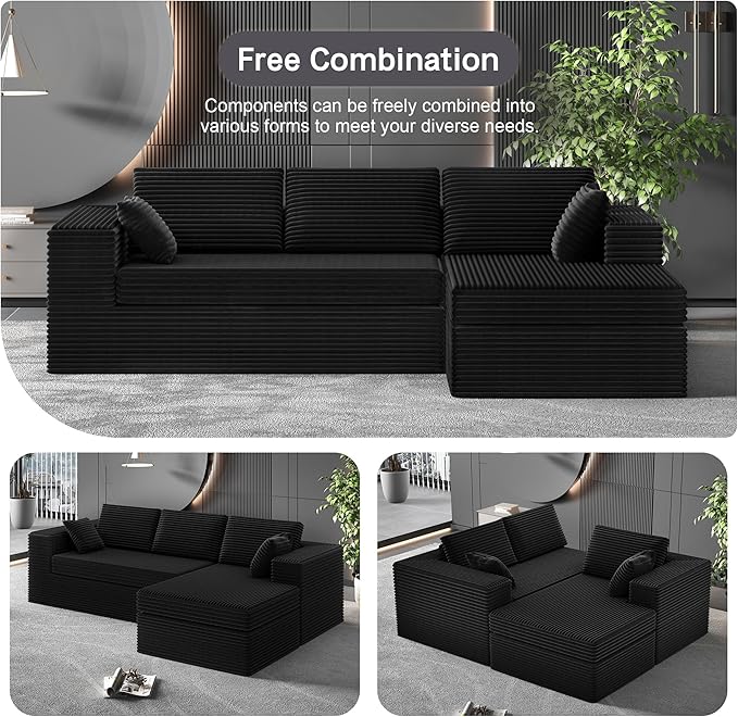 108-inch Boneless Couch for Living RoomComfy Boneless Sofa with Deep Seats &amp Chaise Lounge 3-Seat Modular Sofa Memory Foam Sectional Couches - No Assembly Required(Dark Black)