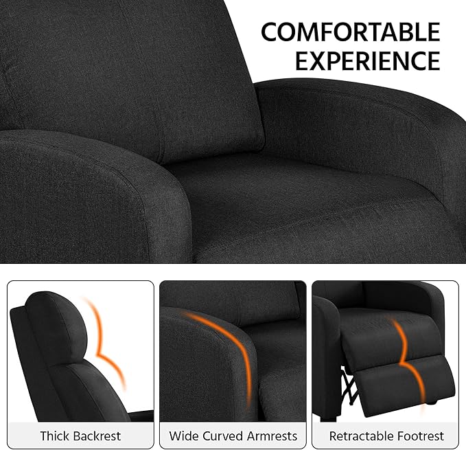 Yaheetech Home Theater Seating Fabric Recliner Chair Modern Single Living Room Reclining Sofa with Pocket Spring Black