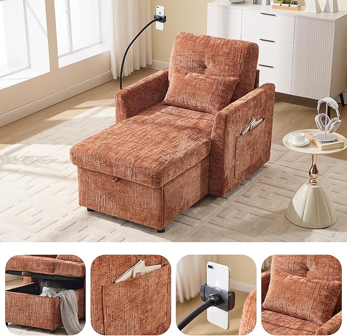 32 Comfy Chaise Lounge Sofa Bed Chair with Storage Side Pockets Phone Holder &amp 2 Pillows Modern Chenille Upholstered Sleeper Sofa Leisure Chair for Living Room Bedroom Small Spaces (Orange)