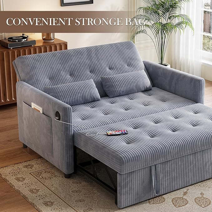 Sofa Bed Loveseat 3-in-1 Sleeper Sofa with Pull Out Bed Pockets and USB Modern 2 Seater Convertible Small Couch for Living Room Bedroom Apartment (Gray Corduroy)