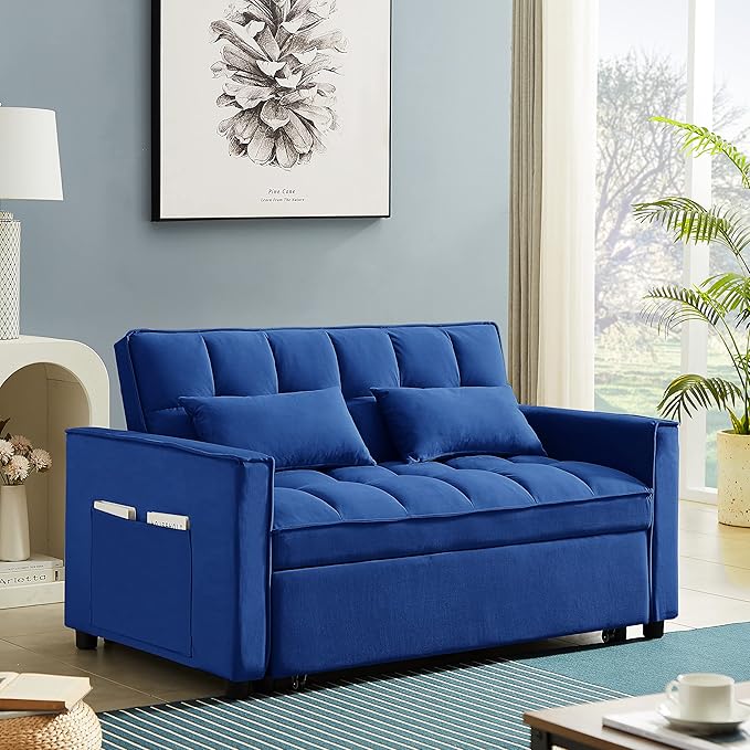 Convertible Sleeper Sofa Bed Modern Chenille 3-in-1 Futon Couch Pullout Bed with Adjustable Backrest Storage Pockets and Toss Pillows Sofa Bed Couch for Living Room Bedroom Blue
