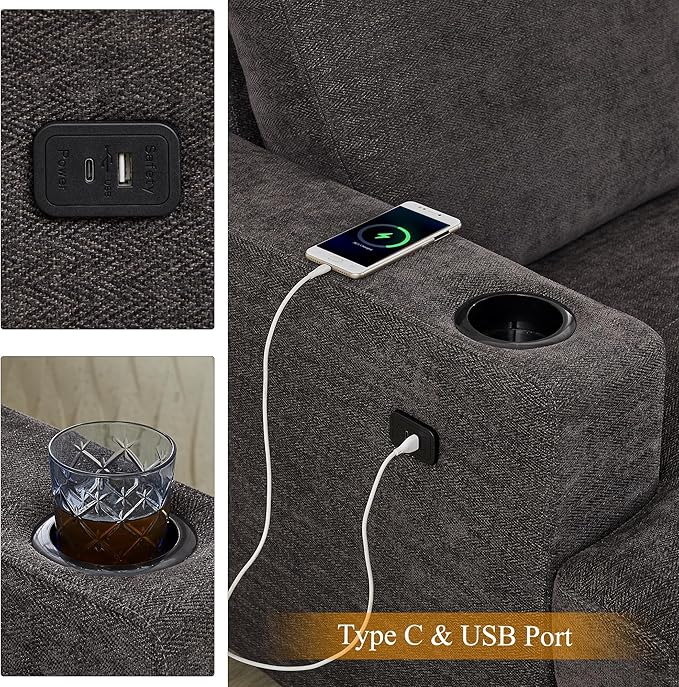 HOSTACK 89 Sofa Comfy Sofa Couch with Extra Deep Seats Modern 3 Seater Sofa with USB Charging Ports &amp 2 Cup Holders Chenille Upholstered Sofa for Apartment Living Room Office Dark Grey