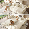 100'' Pull Out Couch King Size Velvet Sleeper Sofa with Flower-Tuffed Back Chesterfield Convertible Futon Sofa Bed 4 Pillows 4-Seater Deep Couches for Living Room Small Spaces Beige