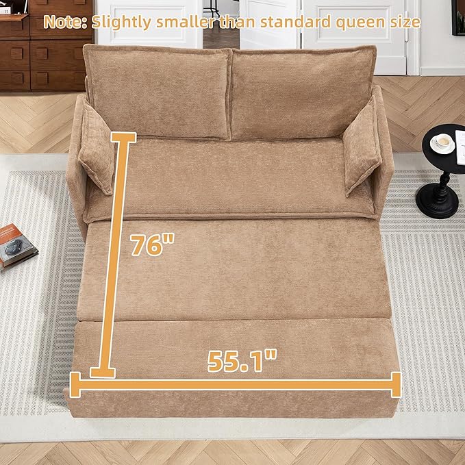 SUNWAVE 60 Queen Pull Out Sofa Bed - Convertible Sleeper Sofa Bed Chenille Loveseat Pull Out Couch with USB Charging Side Pockets for Living Room Bedroom Small Spaces (Brown 60)