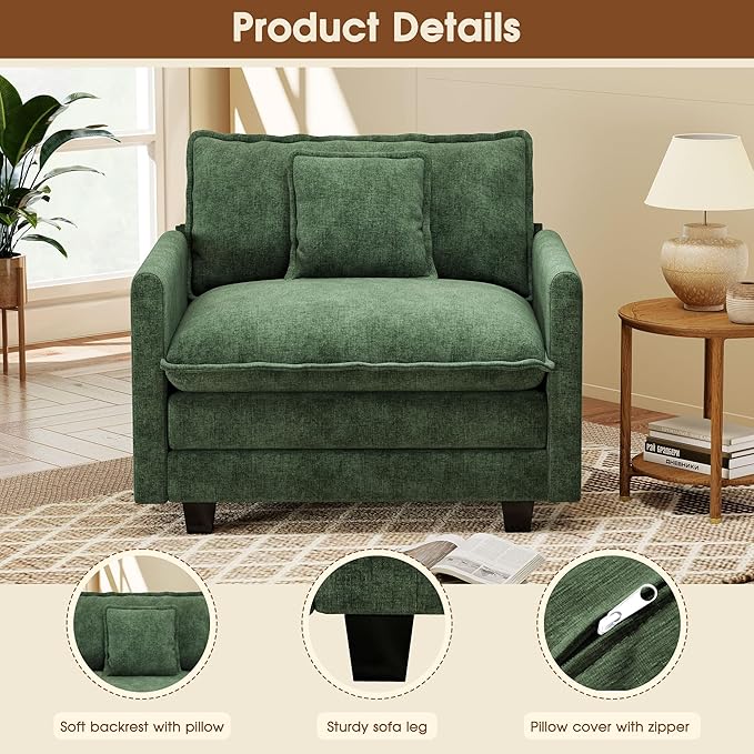 Hanherry 41.8” Oversized Accent Chair Chenille Single Sofa Chair for Living Room Modern Upholstered Reading Chair Deep Seat Comfy Armchair with Pillow for Bedroom and Apartment Green