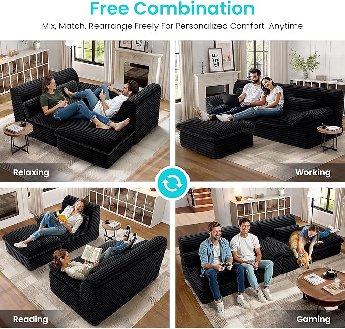 Modular Sectional SofaBoneless Couch for Living Room3 Seat L-Shaped Cloud Sectional Couch with Double-Layer Thickened Deep SeatComfy Corduroy Fabric Sofa Bed72h ReboundBlack