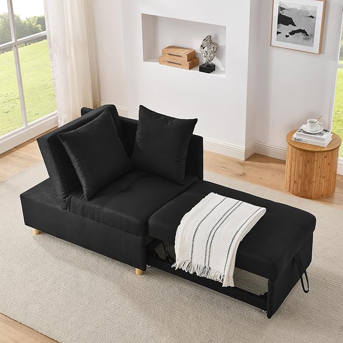 69.7 Convertible Sleeper Chair with Pull Out Bed Modern 3 in 1Comfy Single Reclining Sofa Recliner Futon Armchair with Adjustable Backrest Bed Chair for Bedroom Living Room Indoor Lounge.Black