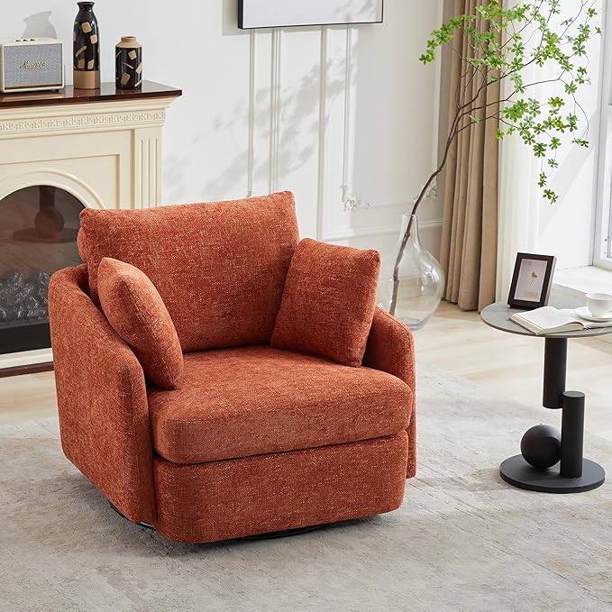 Aoiy &amp Wifon 40.55 W Oversized Swivel Accent Chair Modern Comfy Swivel Armchair for Living Room Woven Chenille Orange