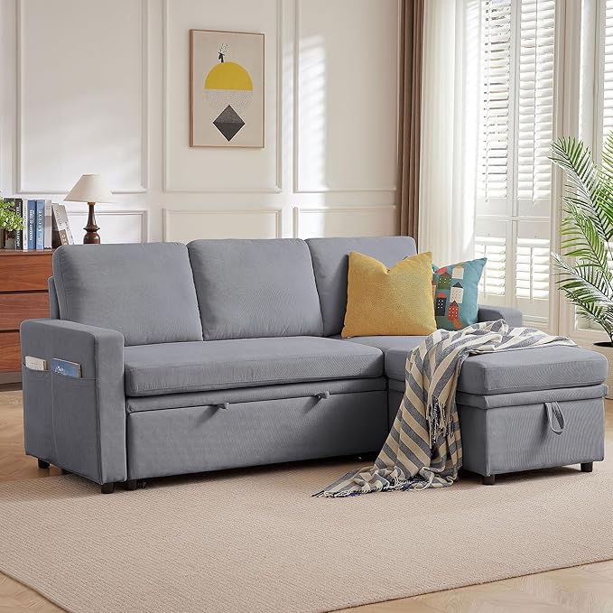 79 Sectional Sofa Couch L Shaped Sleeper Sofa Bed with Reversible Storage Chaise Side Pockets Durable Cushions Convertible Pull Out Bed Couch for Living Room Light Grey