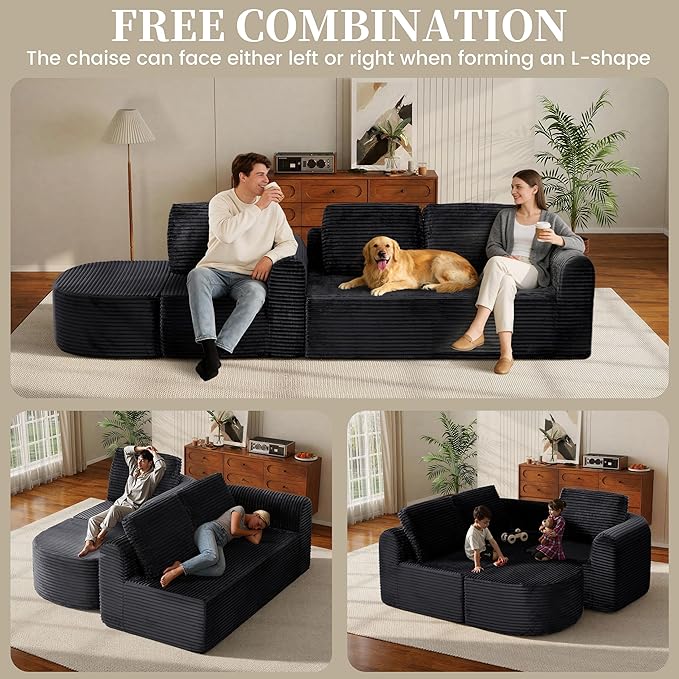 108” Modular Sectional Sofa Boneless Couches for Living Room Deep Seat L-Shape Cloud Couch with ChaiseComfy Sofa Freely Change Configurations No Assembly RequiredSoft Plush Corduroy Fabric(Black)