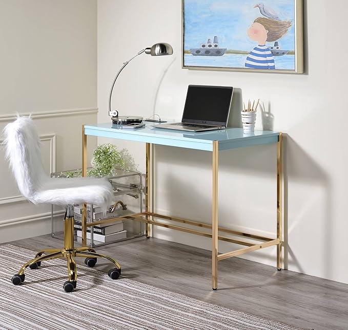 Kaimei Baby Blue Writing Desk with USB Ports - Modern &amp Spacious Home Office Desk with Gold Accents