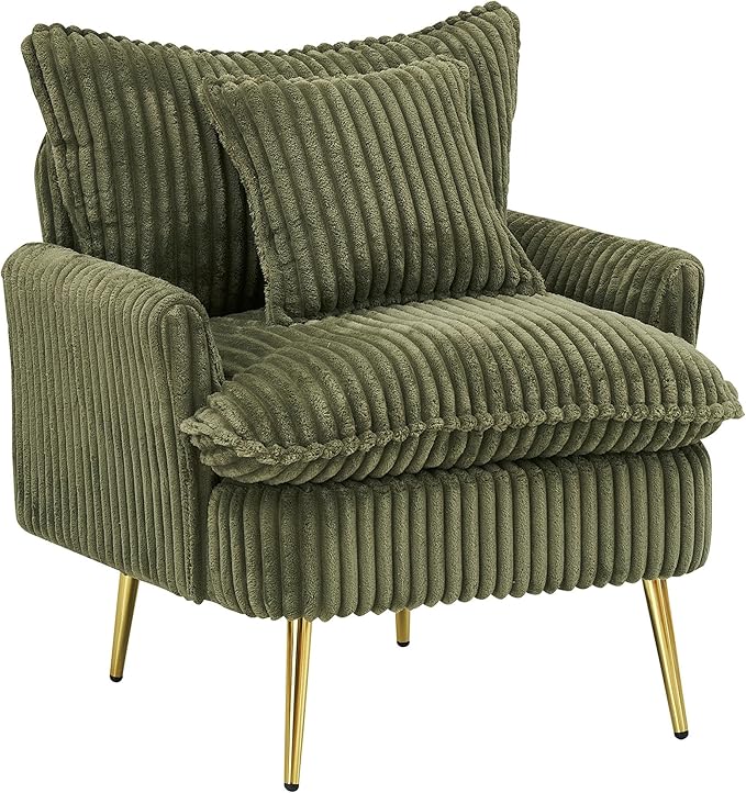 30 Green Accent Chair Corduroy Accent Armchair with Soft Pillow &amp Gold Legs Comfy Upholstered Arm Chairs for Samll Space Living Room Bedroom 300 LBS Capacity (Green)