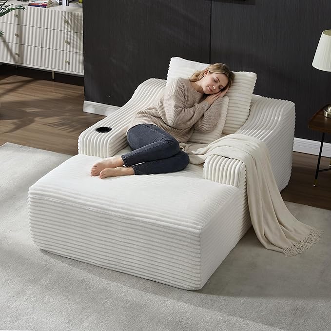 Boneless CouchComfy Fluffy Sofa BedUpholstered Sleeper Sofa Couch with Throw Pillows and ArmrestsCorduroy Plush Cloud Couches with Cup Holder White